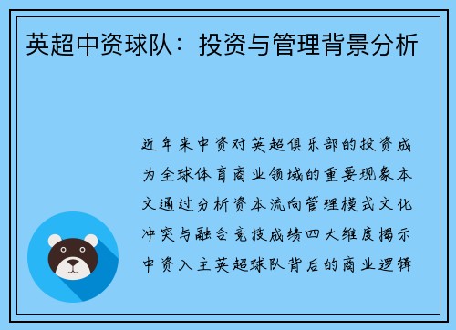 英超中资球队：投资与管理背景分析