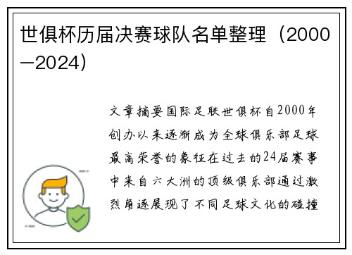 世俱杯历届决赛球队名单整理（2000–2024）
